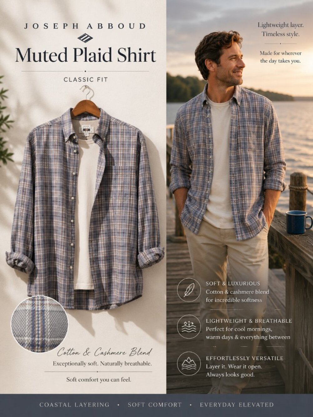 Joseph Abboud Gray Plaid Cotton Cashmere XL Coastal Neutral Soft Flannel Shirt